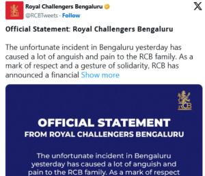 BANGALORE : ಕಾಲ್ತುಳಿತದಲ್ಲಿ ಸಾವನ್ನಪ್ಪಿದವರಿಗೆ 10 ಲಕ್ಷ ರೂ. ಪರಿಹಾರ ಘೋಷಿಸಿದ RCB