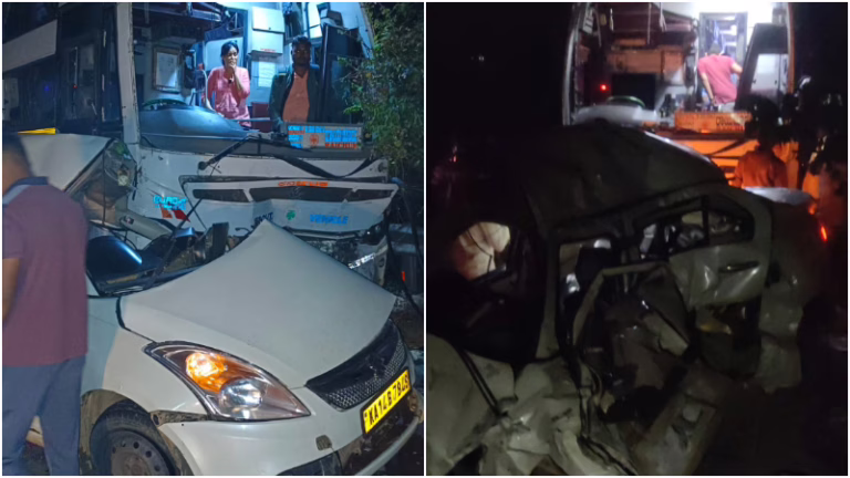 Three-killed-in-Swift-car-KSRTC-bus-collision-Bharathipura-Cross-Thirthahalli-Shivamogga