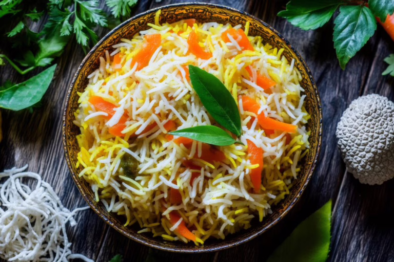 Delicious yellow rice with carrots, herbs, and spices in a rustic bowl.